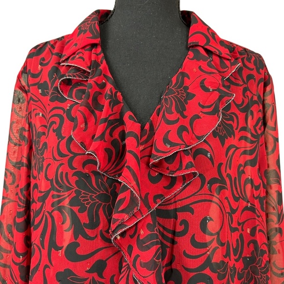 Chico's NWT Red Chiffon Ruffle Neck Shimmer V-Neck Long Sleeve Blouse Size 16 - Picture 6 of 11